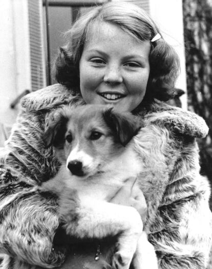 1 de noviembre de 1950. La princesa Beatriz de Holanda, sosteniendo a su perro en La Haya (Holanda).