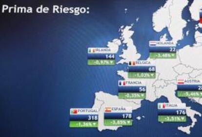 Monitor en la bolsa de Madrid que muestra, entre otras, la prima de riesgo de España. EFE/Archivo