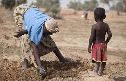 Una mujer cuida sus cultivos ante la mirada de su hijo, en Danja (N&iacute;ger). 