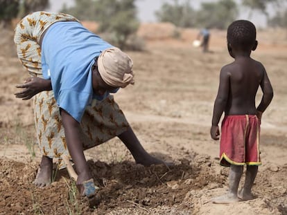Una mujer cuida sus cultivos ante la mirada de su hijo, en Danja (N&iacute;ger). 