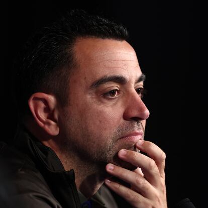 Soccer Football - Champions League - FC Barcelona Press Conference - Parc des Princes, Paris, France - April 9, 2024 FC Barcelona coach Xavi during the press conference REUTERS/Stephanie Lecocq