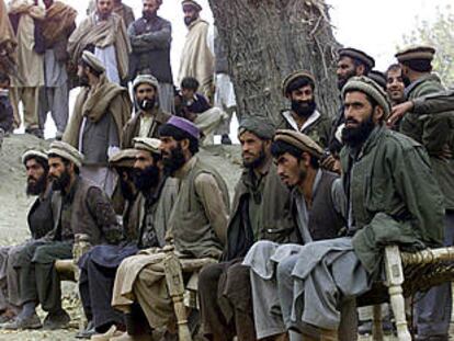 Los presos de Al Qaeda son mostrados a la prensa en presencia de los curiosos en Tora Bora.
