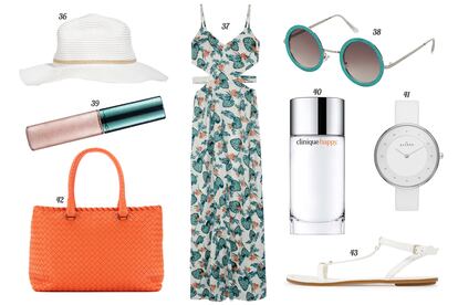 36. Asos Sombrero de rafia. 37. Bershka Vestido con print tropical y aberturas laterales. 38. Topshop Gafas de sol con montura de metal y glitter. 39. M·A·C Lip gloss 'Alluring Aquatic'. 40. Clinique Fragancia 'Happy'. 41. Skagen Reloj con correa de piel. 42. Bottega Veneta Tote de piel trenzada. 43. Mango Sandalia de charol.