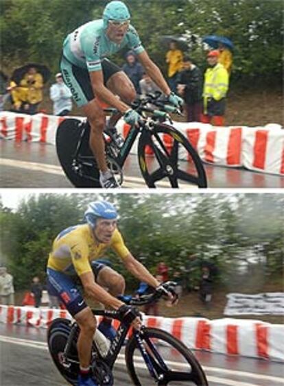 Ullrich (arriba) y Armstrong, en un momento de la contrarreloj.