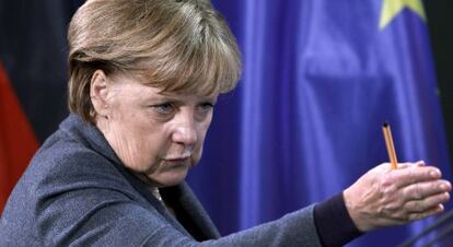 Angela Merkel en un encuentro con los sindicatos el martes en Berlín.
