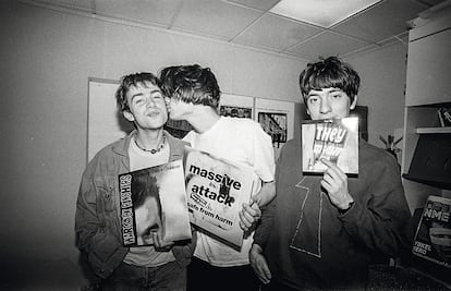 Blur, during a visit to the offices of 'New Musical Express' magazine, in 1991.