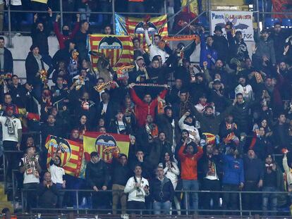 Valencia supporters during the soccer match between Atalanta and Valencia in Milan.