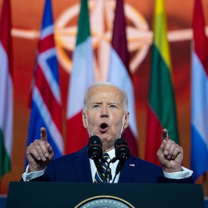 President Joe Biden delivers remarks on the 75th anniversary of NATO at the Andrew W. Mellon Auditorium, Tuesday, July 9, 2024, in Washington. (AP Photo/Evan Vucci)