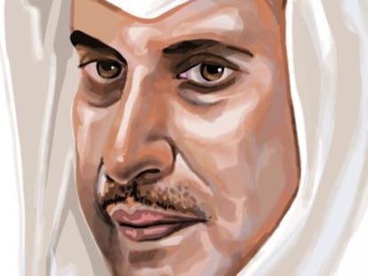 Caricatura de Hamad Bin Jassim Bin Jaber Al Thani, nuevo inversor de El Corte Ingl&eacute;s.  
 