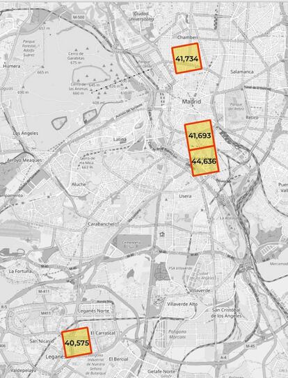 Imagen de las cuatro zonas de Madrid que figuran entre las de mayor densidad de población de Europa. El urbanista Alasdair Rae, de la Universidad de Sheffield (Reino Unido), ha trazado una retícula de un kilómetro cuadrado en el mapa de Europa y lo ha cruzado con datos de población para descubrir las zonas más pobladas: 23 de las 33 más densas están en España. |