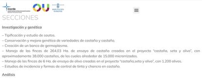 Captura de la página web de la Diputación de Ourense donde se especifican las funciones del Centro de Investigación Agroforestal de Riós y se incluye el mantenimiento de las plantaciones del Proyecto Castaña.
