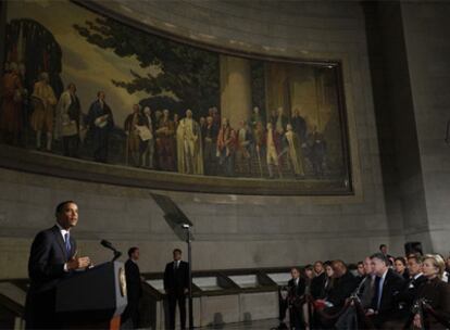 Barack Obama, durante su discurso en los Archivos Nacionales en Washington, donde se custodian la Declaración de Independencia, la Constitución y la Declaración de Derechos.