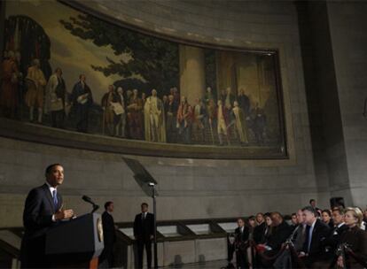 Barack Obama, durante su discurso en los Archivos Nacionales en Washington, donde se custodian  la Declaración de Independencia, la Constitución y la Declaración de Derechos.