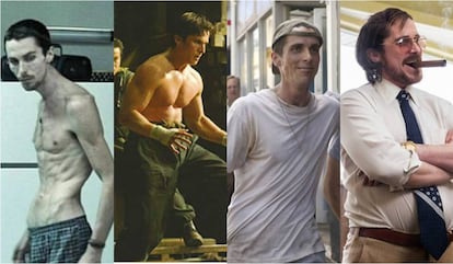 De izquierda a derecha, los cambios de peso según los redajes de Christian Bale: 'El maquinista', 'Batman Begins', 'The fighter' y 'La gran estafa americana'.