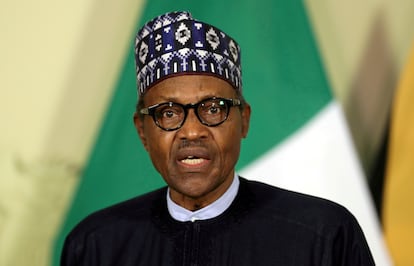 El presidente de Nigeria, Muhamadu Buhari, en una rueda de prensa en Pretoria en octubre de 2019.