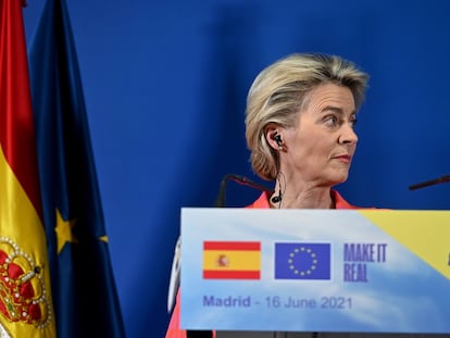 Ursula von der Leyen, durante su comparecencia conjunta con Pedro Sánchez, en la sede de Red Eléctrica de España, tras la reunión mantenida el miércoles.