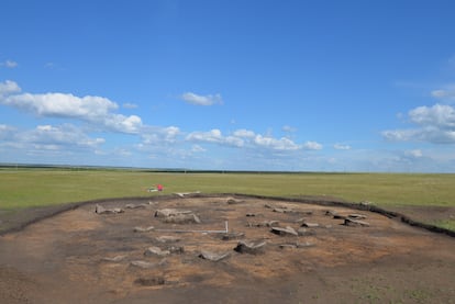 The shepherd family's kurgan, or burial mound, during the excavation.