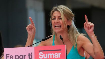 Yolanda Díaz, candidata de Sumar a las elecciones del 23-J, en Madrid durante un momento de la campaña.