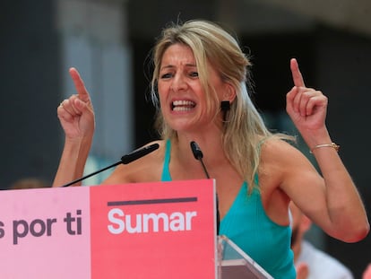 Yolanda Díaz, candidata de Sumar a las elecciones del 23-J, en Madrid durante un momento de la campaña.
