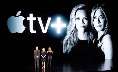Steve Carell, Reese Witherspoon y Jennifer Aniston, en la presentación de AppleTV+.