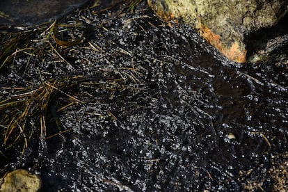 De acuerdo a la información difundida por Pemex, el derrame se ocasionó por el cambio de una tubería de hidrocarburos en una de las plataformas marinas que operan en el Golfo de México. En la imagen, acumulación de chapopote sobre una playa de Campeche. 