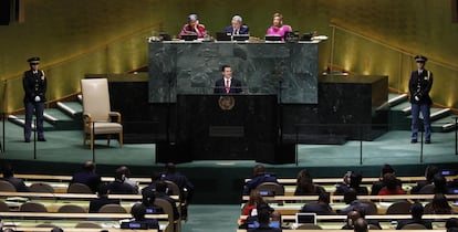 El presidente mexicano, Enrique Peña Nieto, pronuncia su discurso durante la sesión de apertura del debate de alto nivel de la Asamblea General de Naciones Unidas, el 25 de septiembre de 2018.