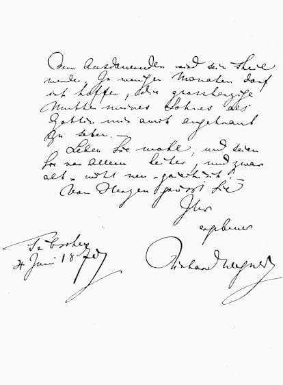 Carte del compositor Richard Wagner al filósofo Friedrich Nietzsche, datada el cuatro de junio de 1870.