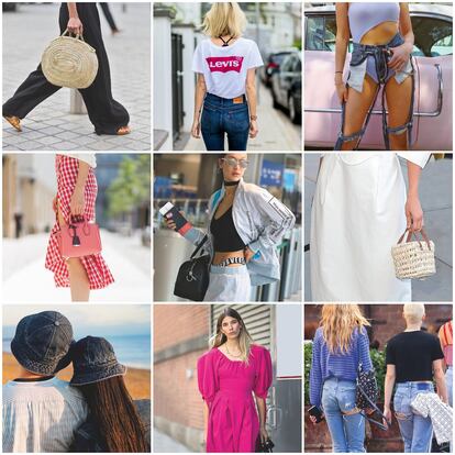 Entre los fenómenos urbanos del verano destacan el capazo de paja, los jeans-tanga, la falda gypsy, el gorro de pescador y el hip cleavage (o escote de cadera, impulsado por Kendall Jenner y Bella Hadid, en la foto).