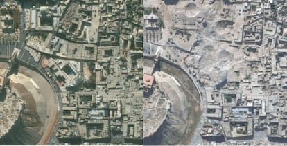 Dos imágenes tomadas por satélite de la ciudad siria de Alepo, el 21 de noviembre de 2010 (izquierda) y el 22 de octubre de 2014 (derecha).