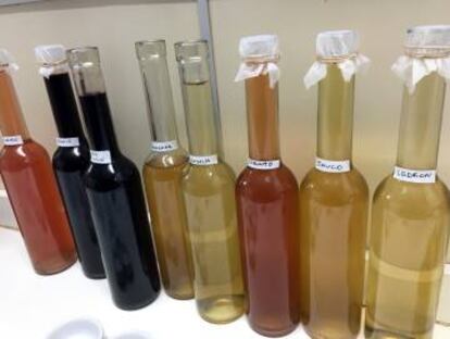 Diferentes vinagres de frutas y hierbas aromaticas.