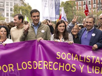 Socialist leader Pedro Sánchez (third from left) marches in Madrid to celebrate the end of the abortion reform.