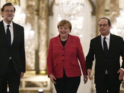 El presidente del Gobierno, Mariano Rajoy, la canciller alemana, Angela Merkel, el presidente de Francia, Francois Hollande, y el primer ministro italiano, Paolo Gentiloni, durante la pasada cumbre de Versalles.