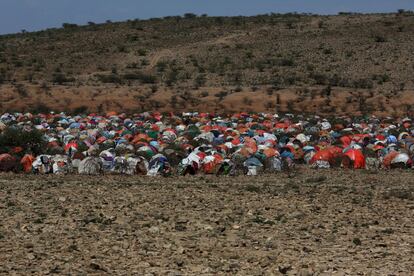 Unas 700 familias de Awdal se han desplazado un campo de refugiados en Qol Ujeed. Pero los trabajadores humanitarios temen que si su estancia se prolonga, esta solución acabe siendo peor para ellos. En la imagen, el campo de refugiados.