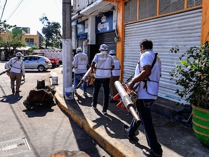 Workers fumigating for dengue-transmitting mosquitoes in Acapulco (Mexico).