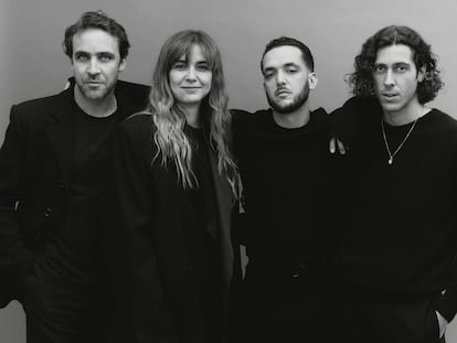  From left to right, Santos Bacana, wearing a Dolce & Gabbana jacket and pants; Cris Trenas, wearing a Uniqlo sweater and a Givenchy jacket; C. Tangana, wearing a Ferragamo sweater and pants; and Rogelio González, in a Zara sweater and Givenchy pants.