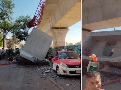 El pedazo de estructura del Tren Interurbano que se desprendió este martes, en la ciudad de Toluca, en imágenes compartidas en redes sociales.