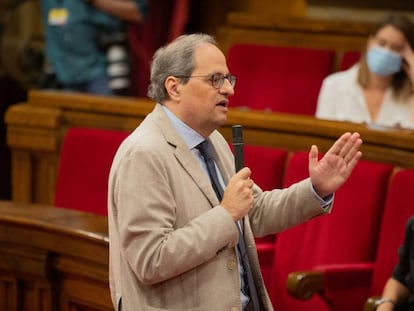 El presidente de la Generalitat, Quim Torra, interviene en el Parlament catalán.