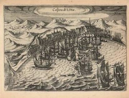 Grabado del puerto del Callao del que partieron el San José y el Loreto.