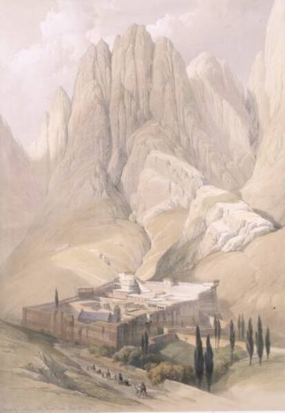 Litograf&iacute;a del monasterio de Santa Catalina, en el Monte Sina&iacute;.