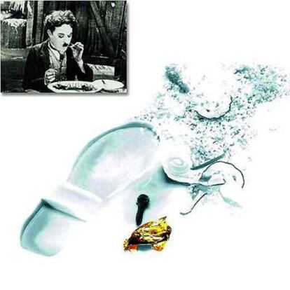 Fotograma de <i>La quimera del oro </i>y la traducción culinaria de la bota hecha por Yann Duytsche.