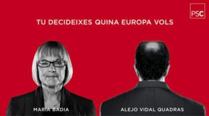 Cartel electoral del PSC, que muestra una imagen de su candidata, Maria Badia, junto a una figura humana de espaldas, que sugiere que es la del candidato popular.