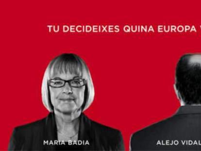Cartel electoral del PSC, que muestra una imagen de su candidata, Maria Badia, junto a una figura humana de espaldas, que sugiere que es la del candidato popular.