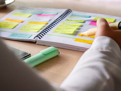 Close-up of agenda organize with color-coding sticky notes