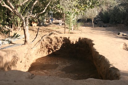 A second, smaller excavated section of the mosaic.