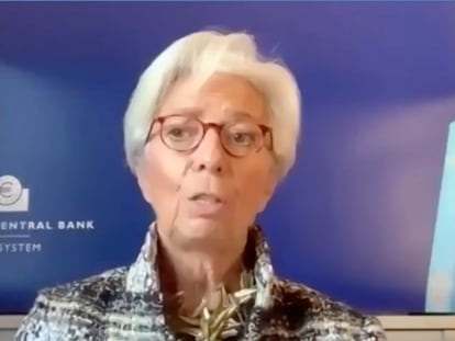 Captura de vídeo de la presidenta del BCE, Christine Lagarde, durante su intervención este lunes en el Foro de Davos.