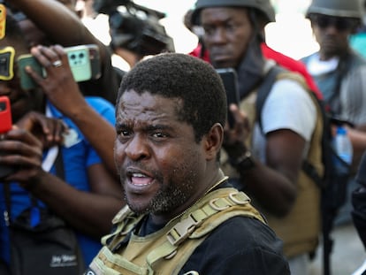 Jimmy Chérizier, alias Barbecue, speaks to the press in Port-au-Prince, March 5.