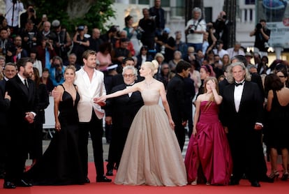 The 'Furiosa' team at Cannes: from left, Tom Burke, Elsa Pataky, Chris Hemsworth, director George Miller and Anya Taylor-Joy.