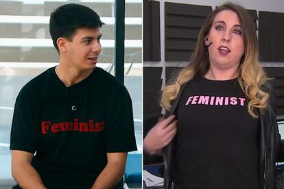 Alfred y Carolina Iglesias con camisetas feministas.