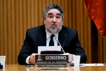 El ministro de Cultura y Deporte, José Manuel Rodríguez Uribes, durante su comparecencia en la Comisión de Cultura del Congreso en mayo