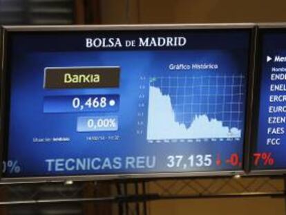 Un monitor de la Bolsa de Madrid muestra un gráfico con la evolución histórica de la cotización de Bankia. EFE/Archivo